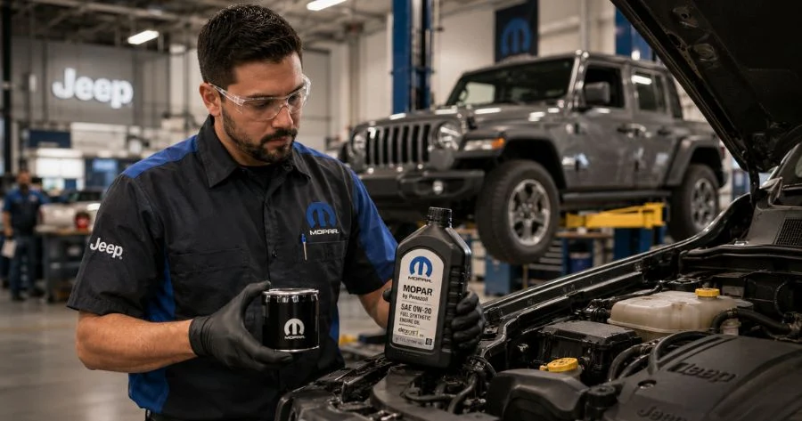 Jeep oil change service with Mopar synthetic oil and Mopar oil filter at a dealership