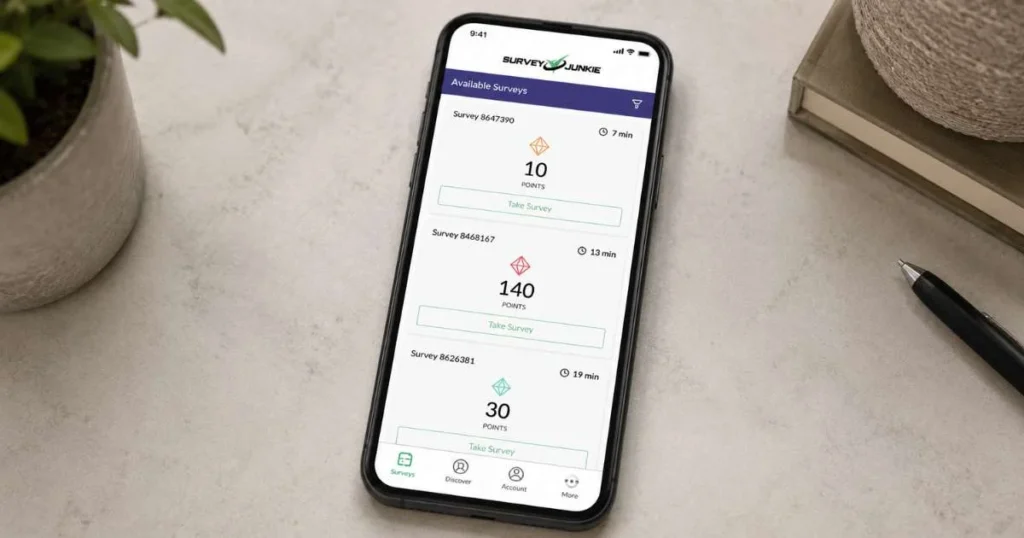 Survey Junkie dashboard showing available surveys and current points balance