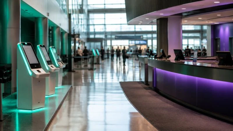 Alamo vs Enterprise car rental comparison at a US airport showing kiosk and counter options