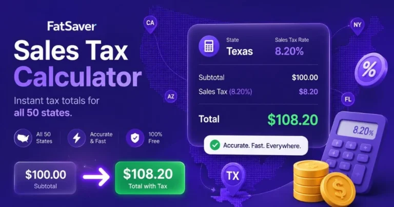 Sales tax calculator showing tax and total for all 50 US states