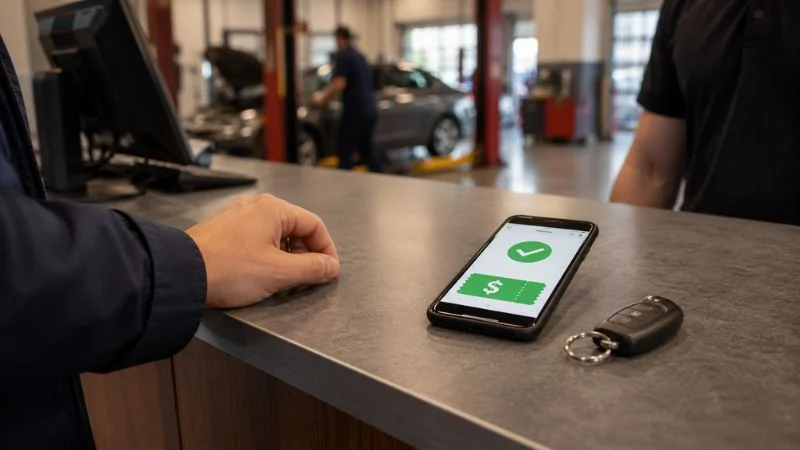 Car air conditioner service coupons shown on a phone at an auto shop service desk