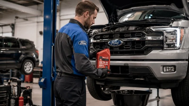 Ford oil change service with Motorcraft synthetic blend oil at a Ford dealer service bay
