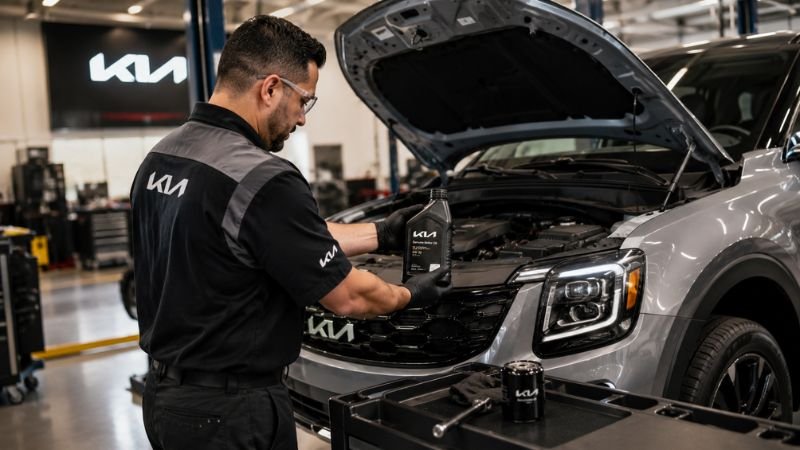 Kia oil change service with Kia Genuine synthetic oil at a Kia dealer service bay