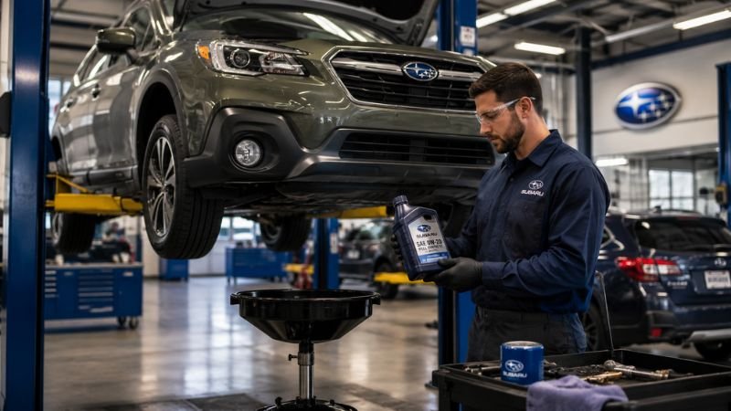 Subaru Outback oil change service with Genuine Subaru 0W-20 synthetic oil at a dealership